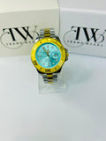 Bazel Style 2-Tone Men’s Watch – Sky Blue Dial, Stainless Steel Gold & Silver Strap, Luxury Waterproof Wrist Watch