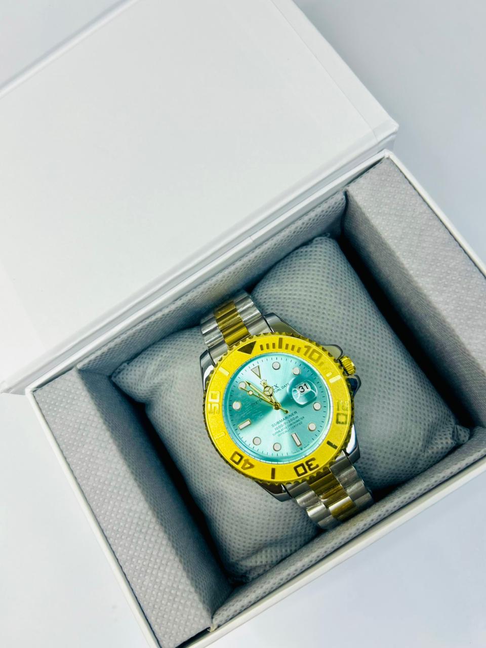 Bazel Style 2-Tone Men’s Watch – Sky Blue Dial, Stainless Steel Gold & Silver Strap, Luxury Waterproof Wrist Watch