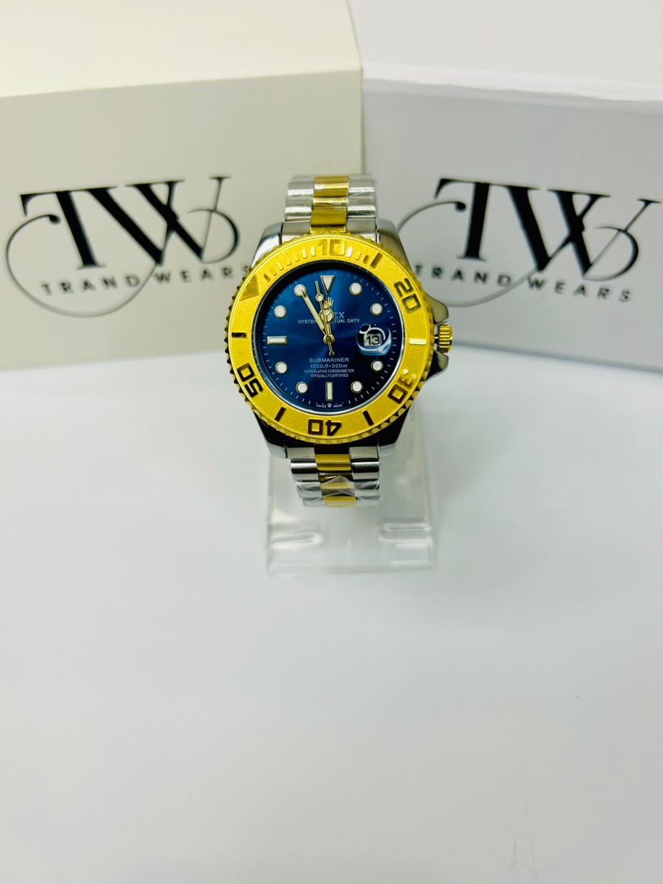 Bazel Style 2-Tone Men’s Watch – Royal Blue Dial, Gold & Silver Stainless Steel Strap, Luxury Waterproof Wrist Watch