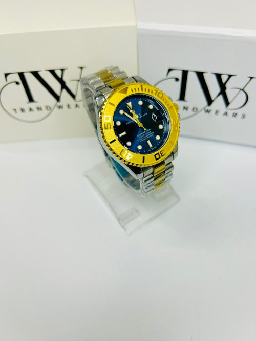 Bazel Style 2-Tone Men’s Watch – Royal Blue Dial, Gold & Silver Stainless Steel Strap, Luxury Waterproof Wrist Watch