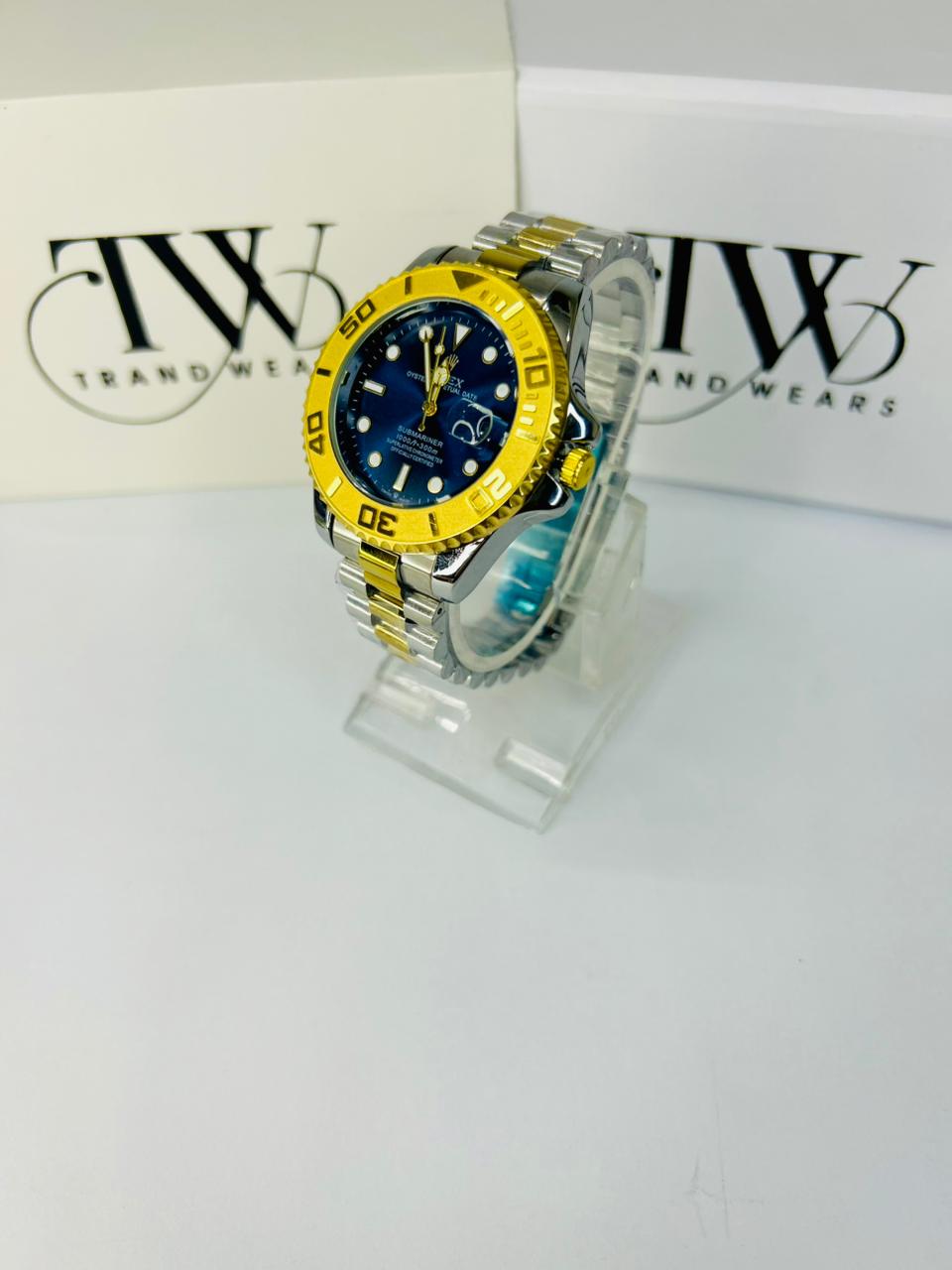 Bazel Style 2-Tone Men’s Watch – Royal Blue Dial, Gold & Silver Stainless Steel Strap, Luxury Waterproof Wrist Watch