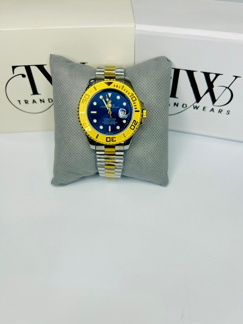 Bazel Style 2-Tone Men’s Watch – Royal Blue Dial, Gold & Silver Stainless Steel Strap, Luxury Waterproof Wrist Watch