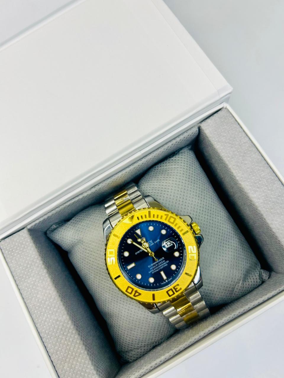 Bazel Style 2-Tone Men’s Watch – Royal Blue Dial, Gold & Silver Stainless Steel Strap, Luxury Waterproof Wrist Watch