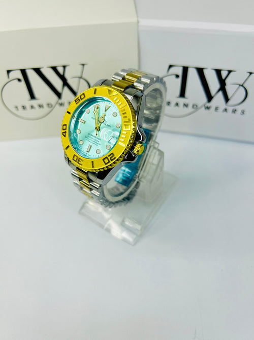 Bazel Style 2-Tone Men’s Watch – Sky Blue Dial, Stainless Steel Gold & Silver Strap, Luxury Waterproof Wrist Watch