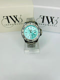 Bazel Style Silver Tone Men’s Watch – Sky Blue Dial, Stainless Steel Strap, Luxury Waterproof Wrist Watch