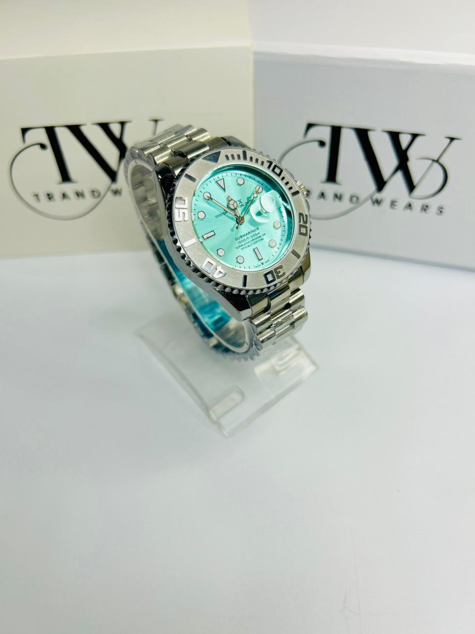 Bazel Style Silver Tone Men’s Watch – Sky Blue Dial, Stainless Steel Strap, Luxury Waterproof Wrist Watch
