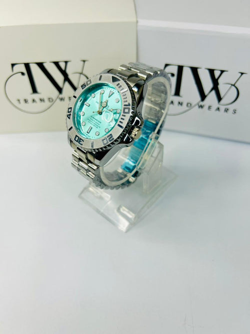 Bazel Style Silver Tone Men’s Watch – Sky Blue Dial, Stainless Steel Strap, Luxury Waterproof Wrist Watch