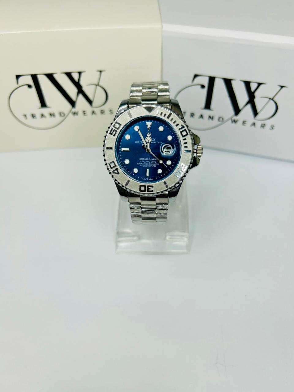 Bazel Style Silver Tone Men’s Watch – Royal Blue Dial, Stainless Steel Strap, Luxury Waterproof Wrist Watch