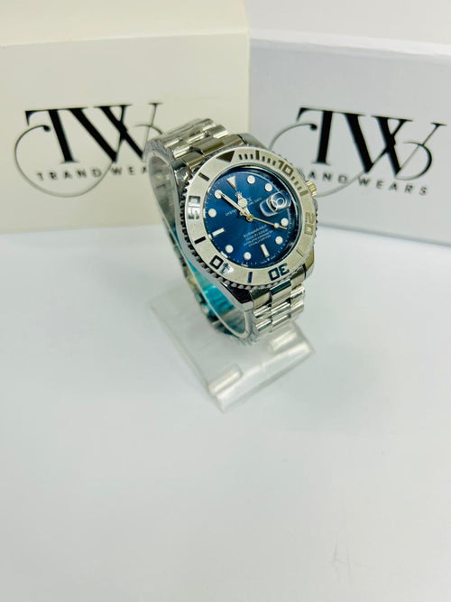 Bazel Style Silver Tone Men’s Watch – Royal Blue Dial, Stainless Steel Strap, Luxury Waterproof Wrist Watch