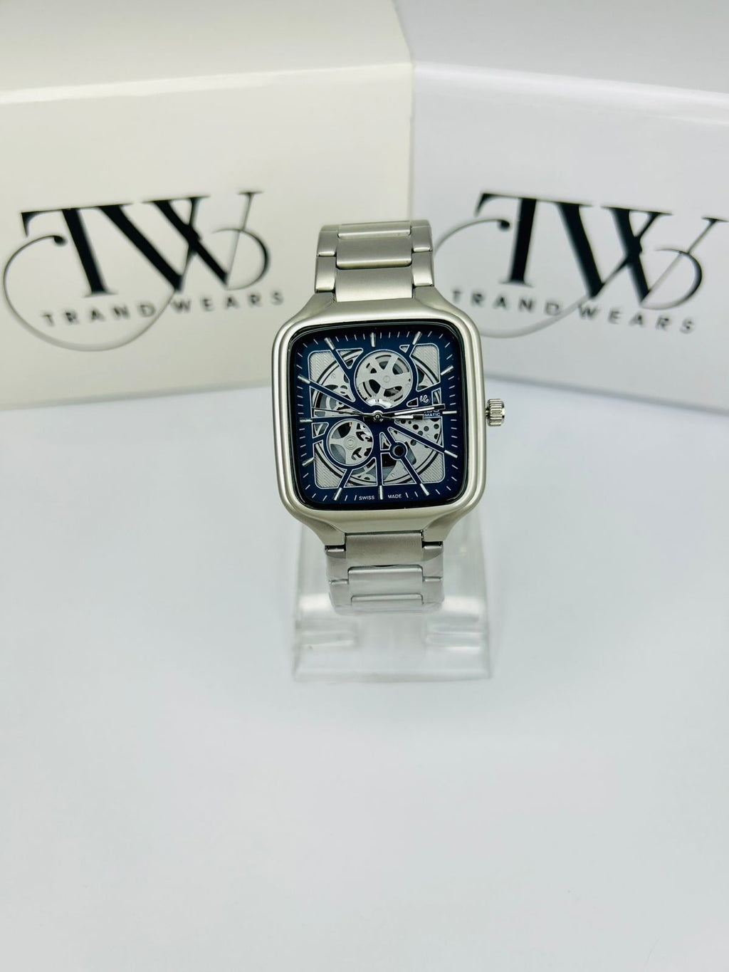 Men’s Square Dial Watch – blue Dial, Silver Stainless Steel Strap, Modern Luxury Analog Wrist Watch