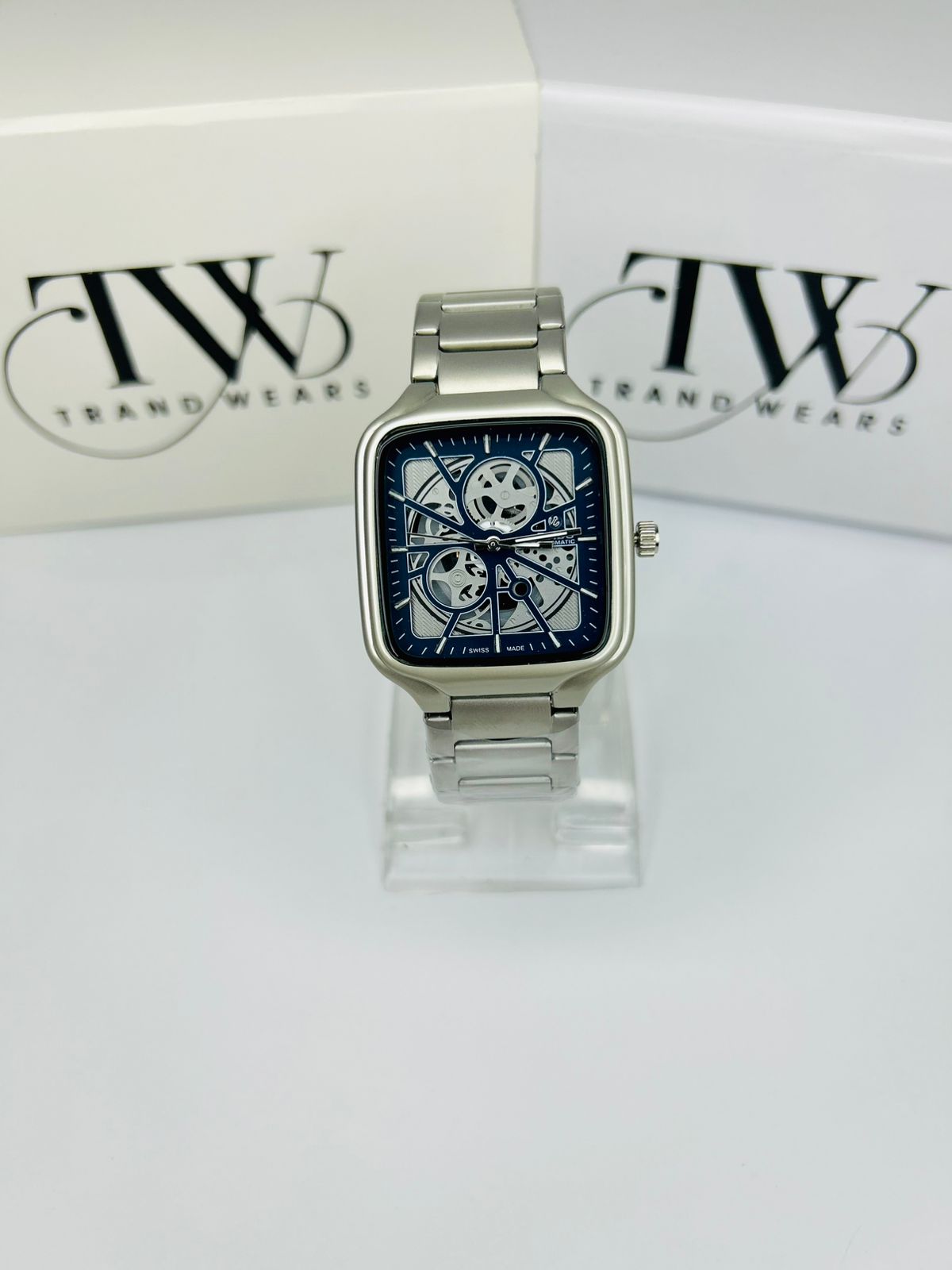 Men’s Square Dial Watch – blue Dial, Silver Stainless Steel Strap, Modern Luxury Analog Wrist Watch