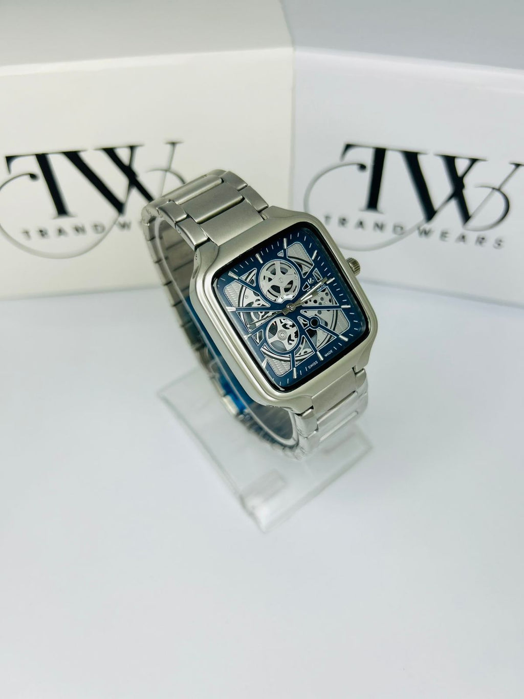Men’s Square Dial Watch – blue Dial, Silver Stainless Steel Strap, Modern Luxury Analog Wrist Watch