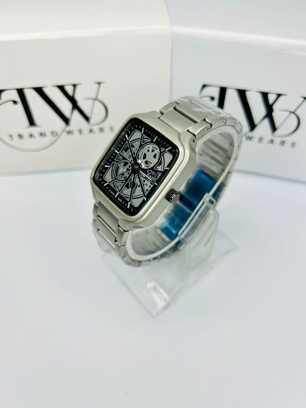 Men’s Square Dial Watch – blue Dial, Silver Stainless Steel Strap, Modern Luxury Analog Wrist Watch