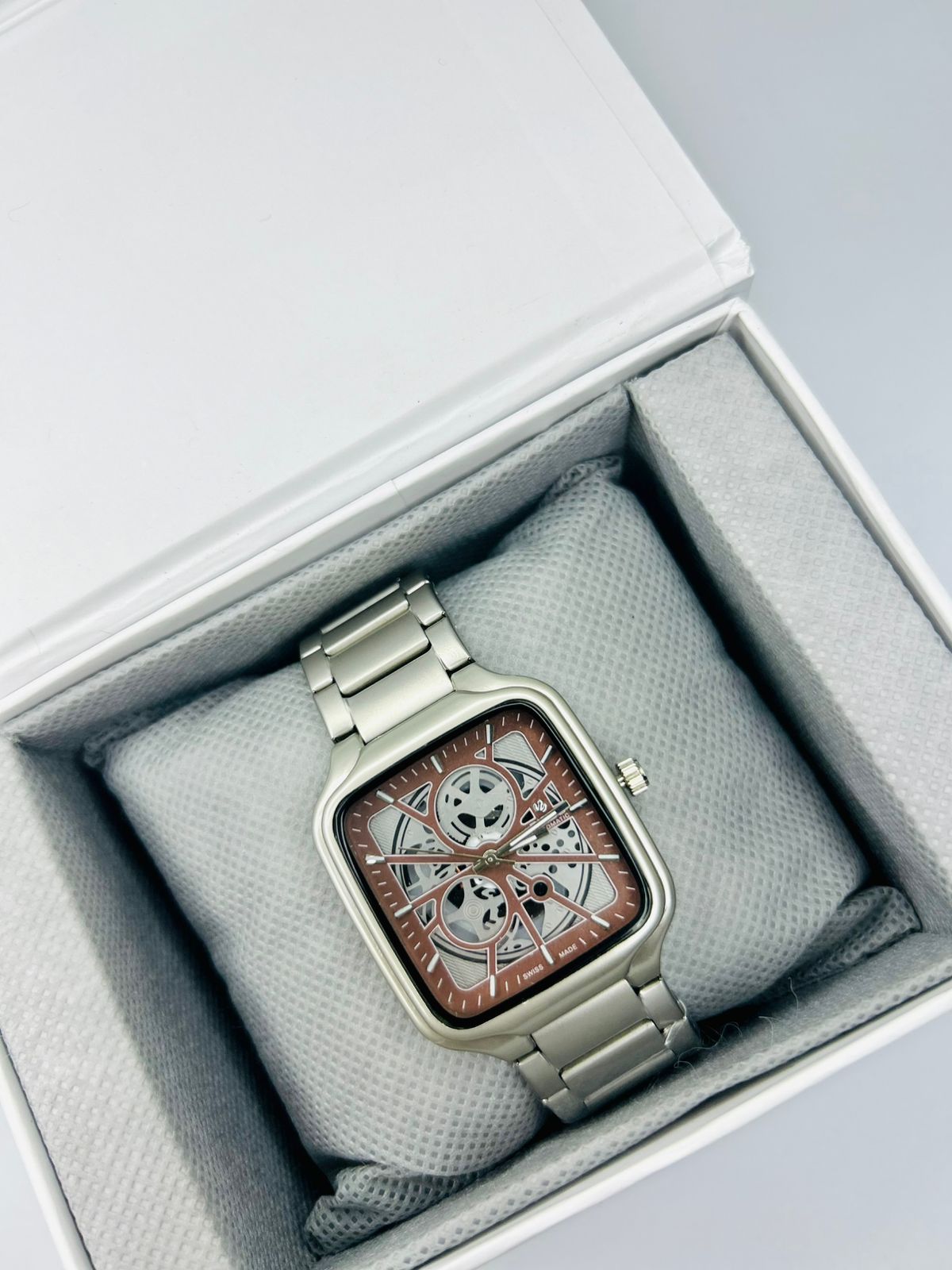 Men’s Square Dial Watch – Brown Dial, Silver Stainless Steel Strap, Modern Luxury Analog Wrist Watch