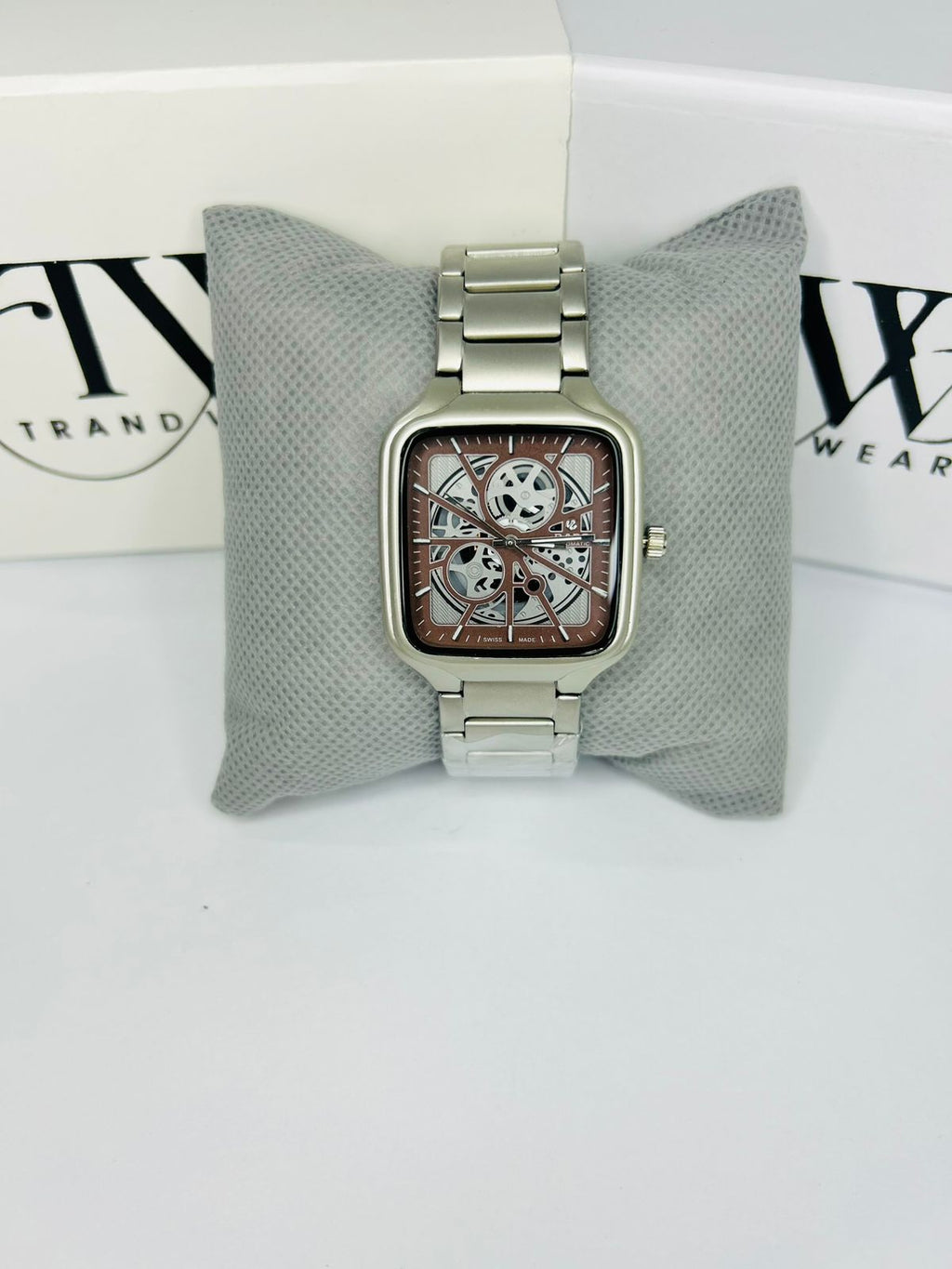 Men’s Square Dial Watch – Brown Dial, Silver Stainless Steel Strap, Modern Luxury Analog Wrist Watch