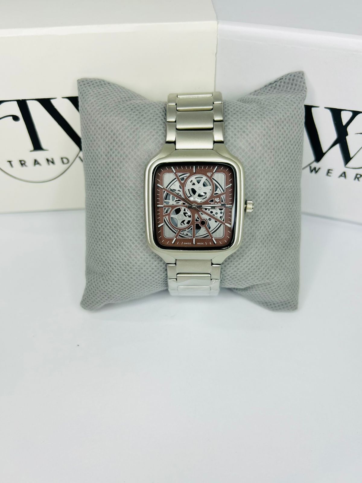 Men’s Square Dial Watch – Brown Dial, Silver Stainless Steel Strap, Modern Luxury Analog Wrist Watch