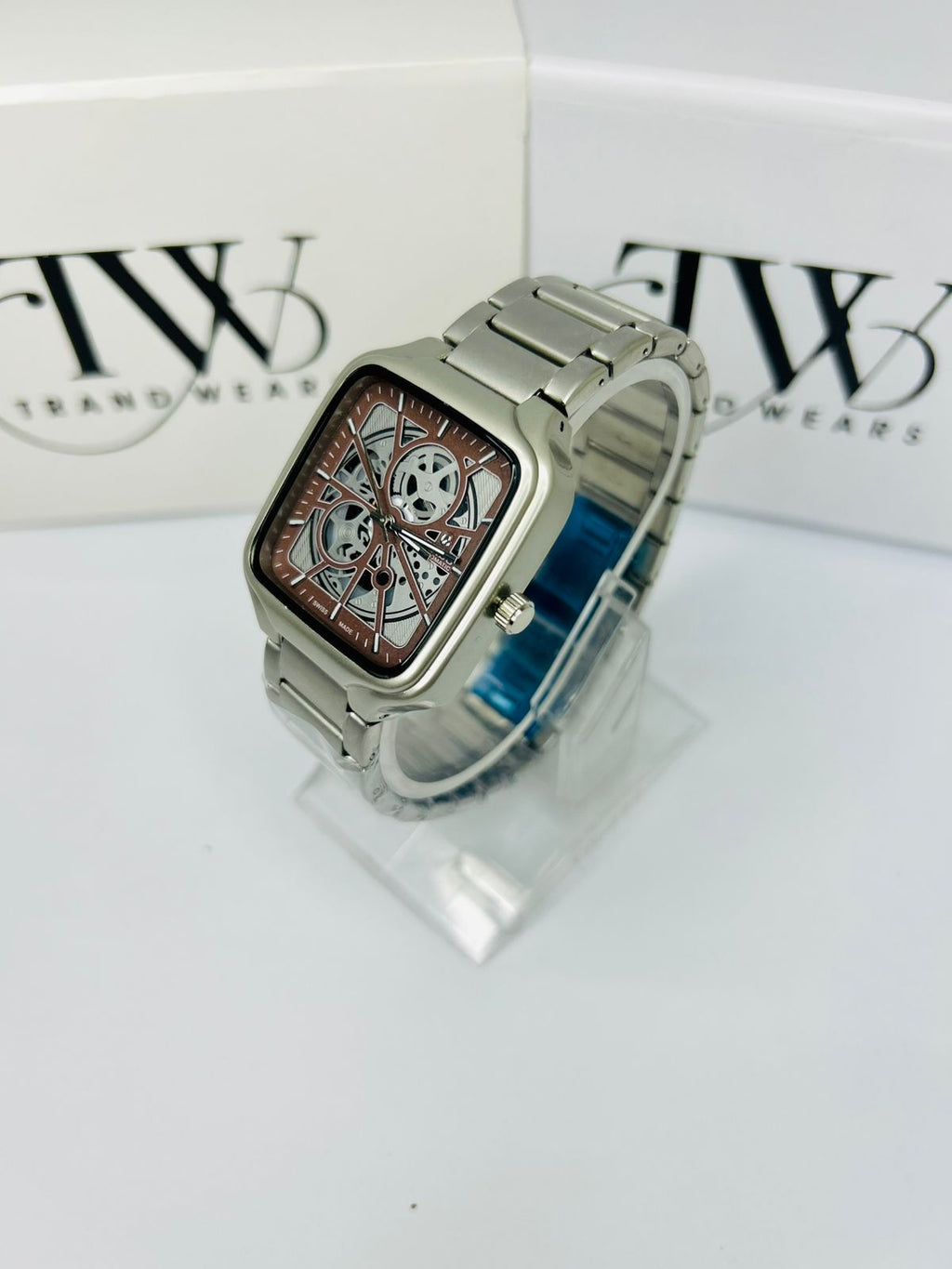 Men’s Square Dial Watch – Brown Dial, Silver Stainless Steel Strap, Modern Luxury Analog Wrist Watch