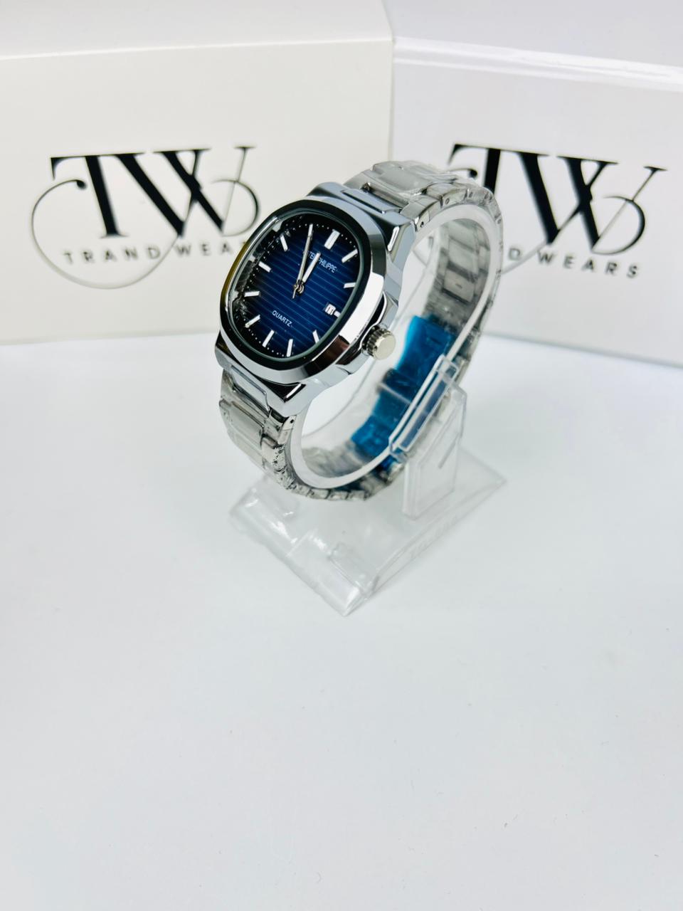 PP Premium Blue Dial Stainless Steel Watch with Butterfly Lock