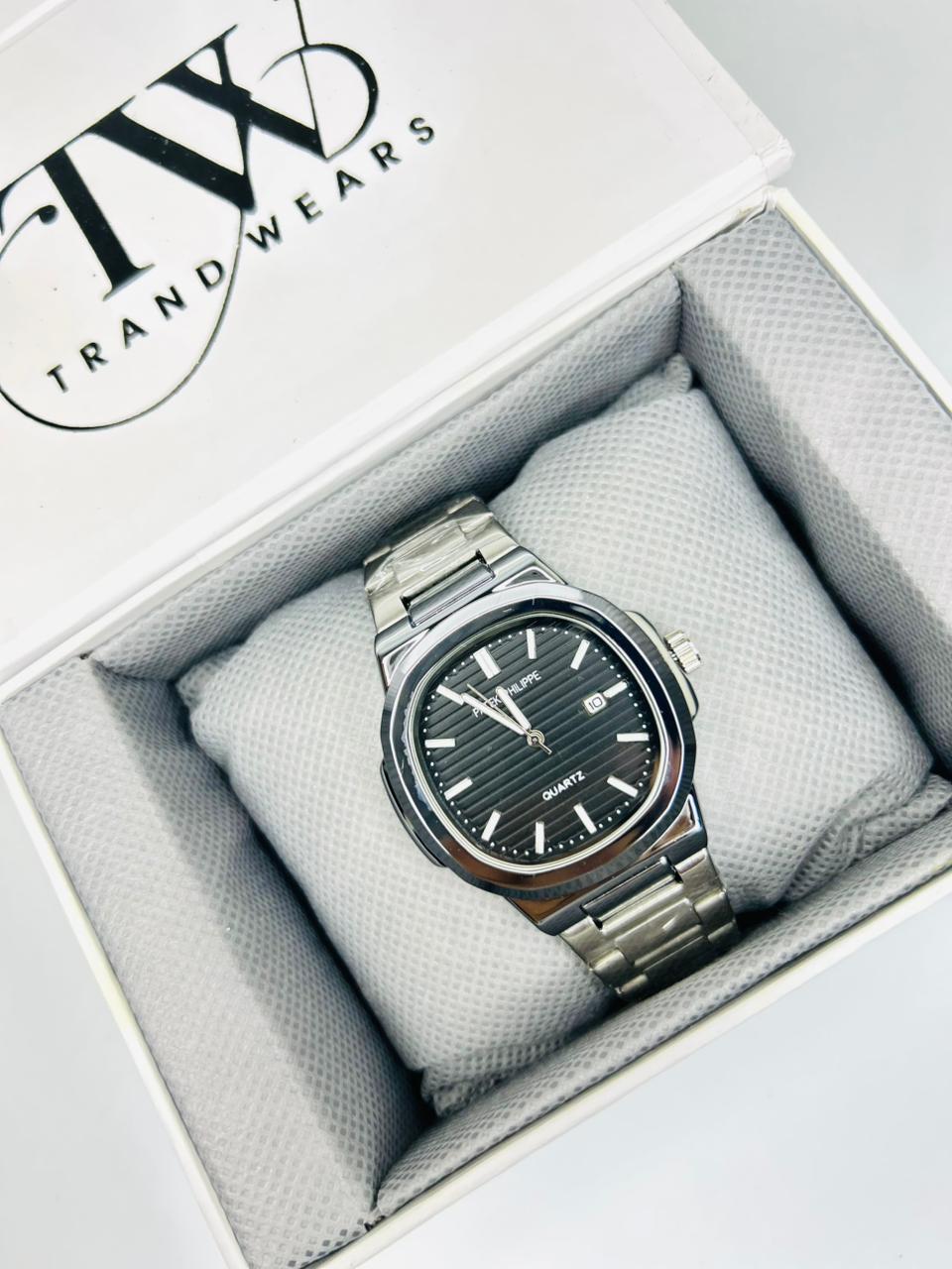 PP Premium Black Dial Stainless Steel Watch with Butterfly Lock