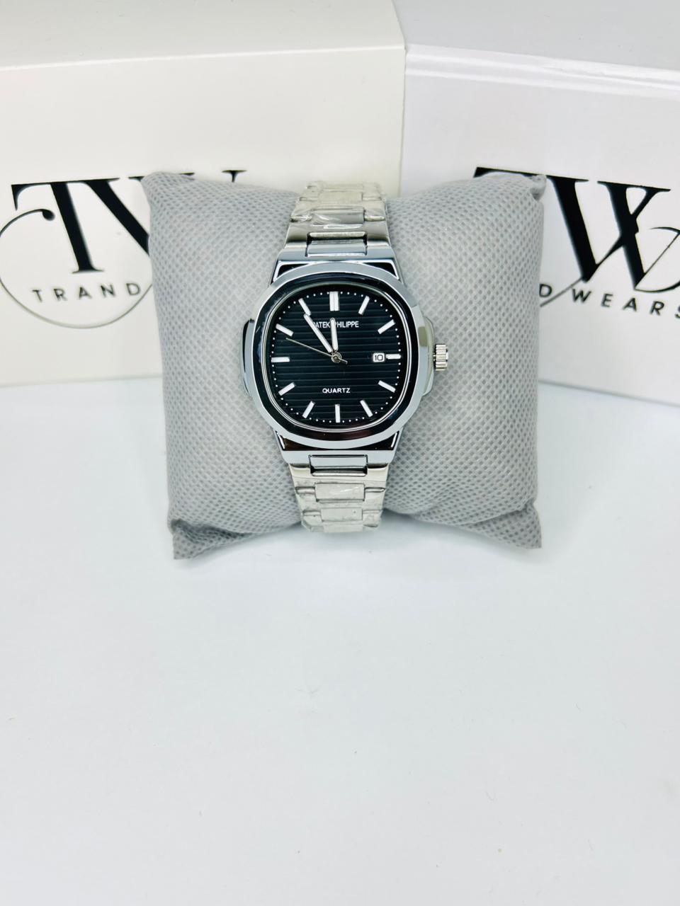 PP Premium Black Dial Stainless Steel Watch with Butterfly Lock