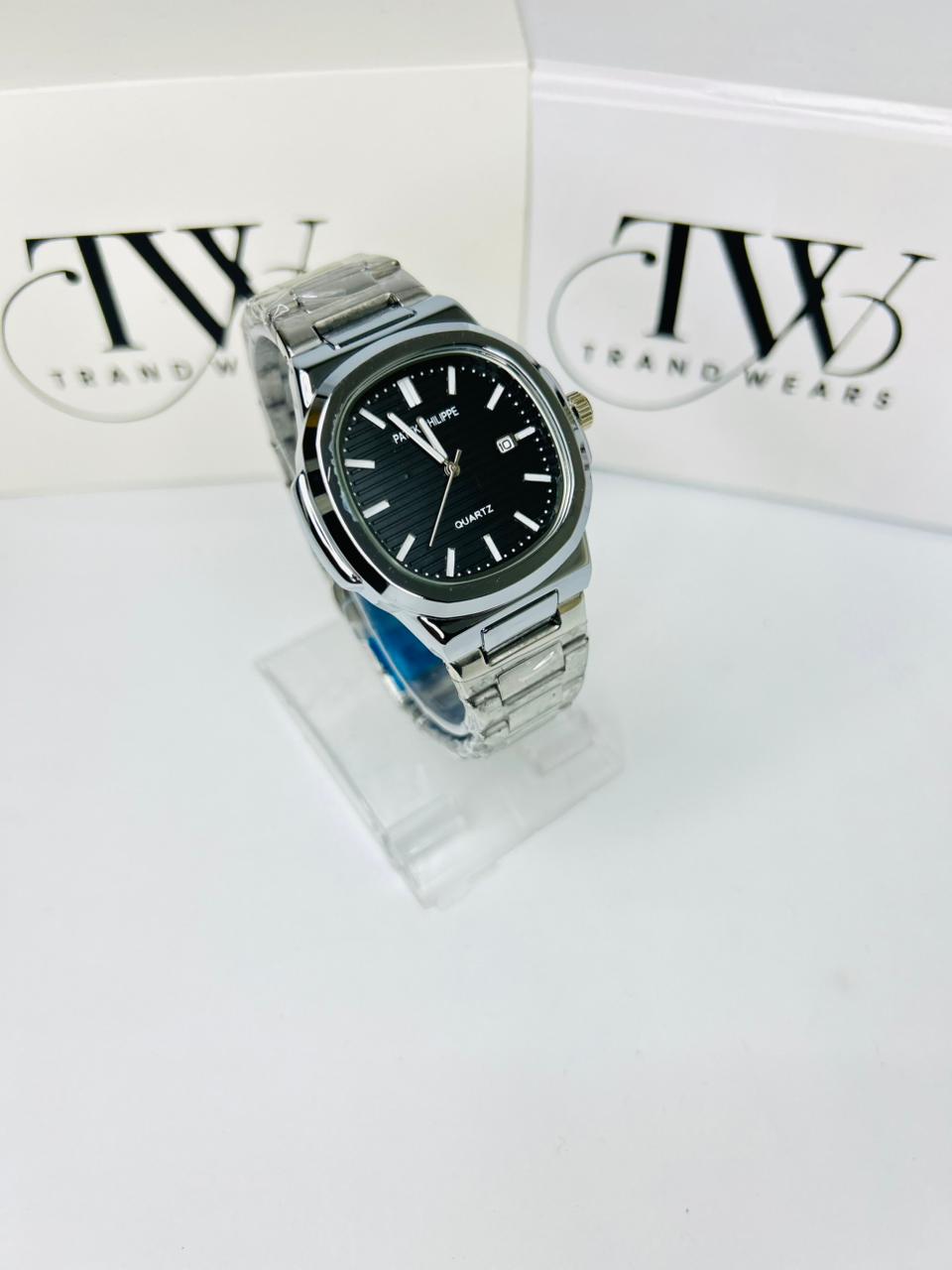PP Premium Black Dial Stainless Steel Watch with Butterfly Lock
