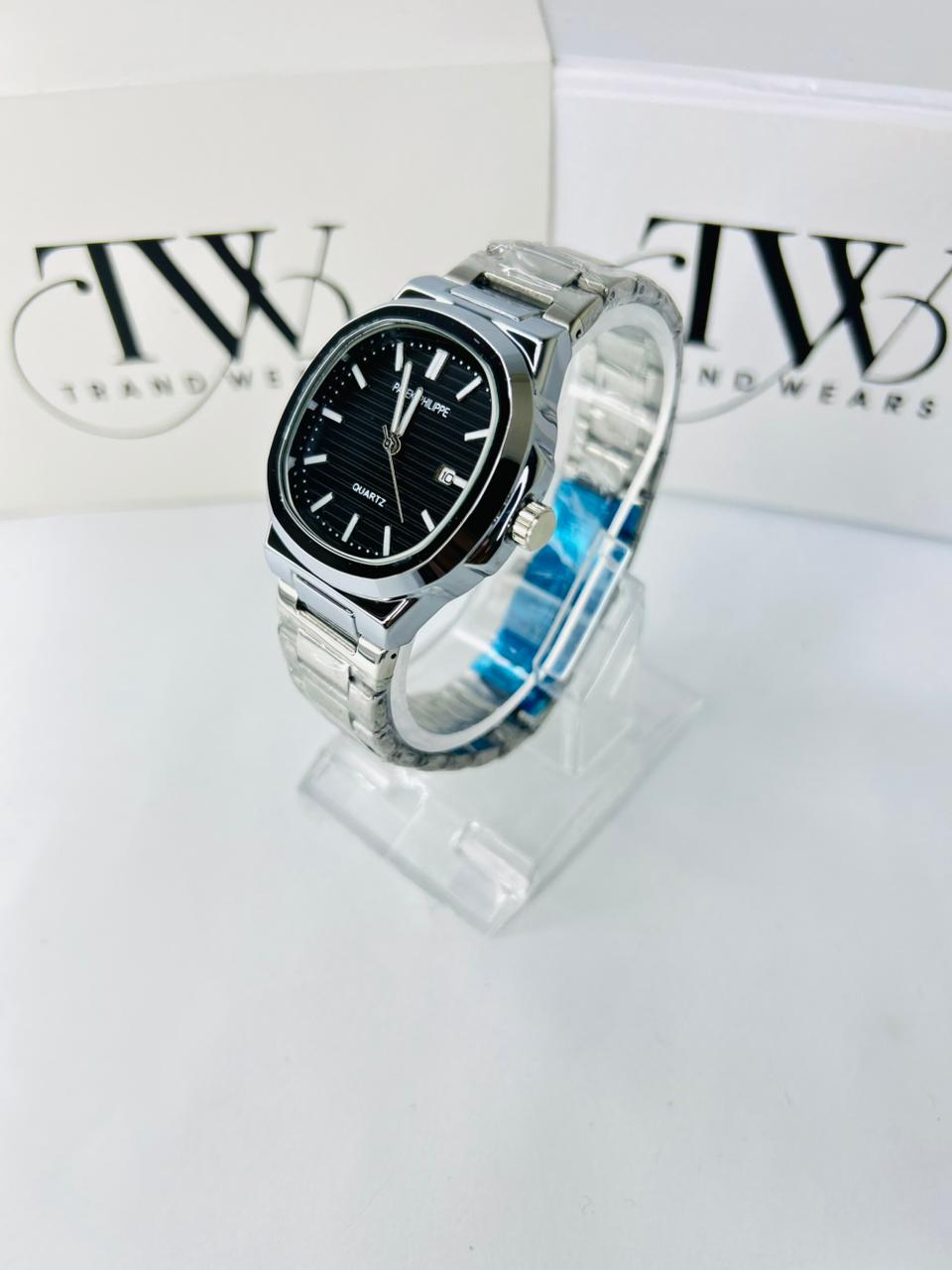 PP Premium Black Dial Stainless Steel Watch with Butterfly Lock