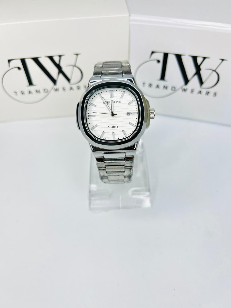 PP Premium White Dial Stainless Steel Watch with Butterfly Lock