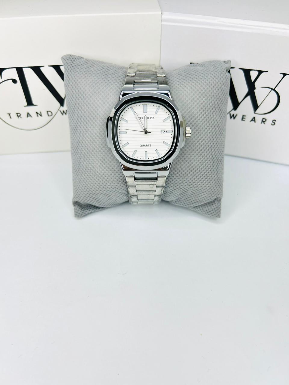 PP Premium White Dial Stainless Steel Watch with Butterfly Lock