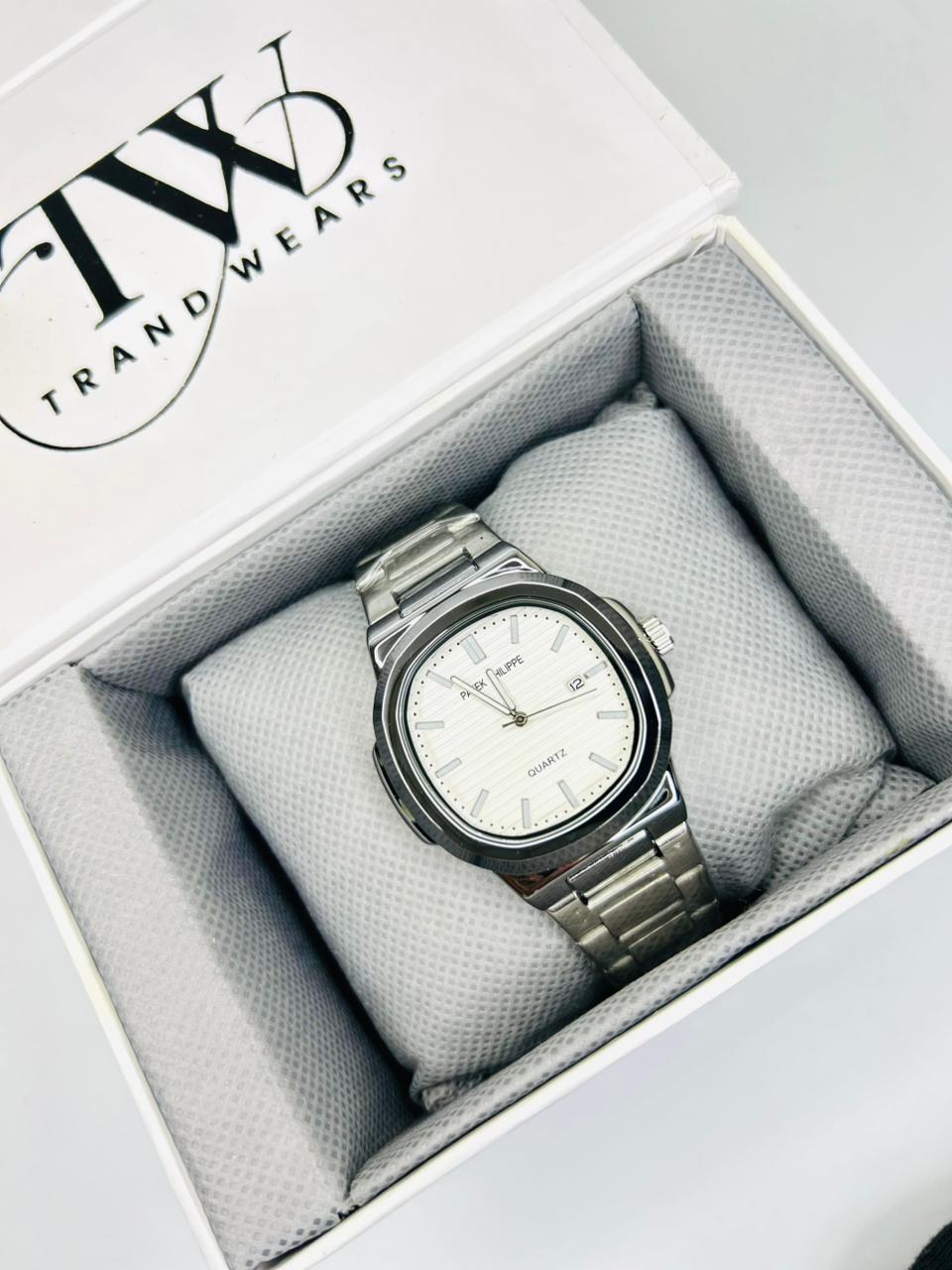 PP Premium White Dial Stainless Steel Watch with Butterfly Lock