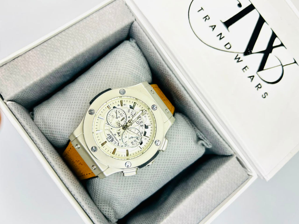 HB Brown Strap White Dial Watch – Timeless Classic Men's Watch