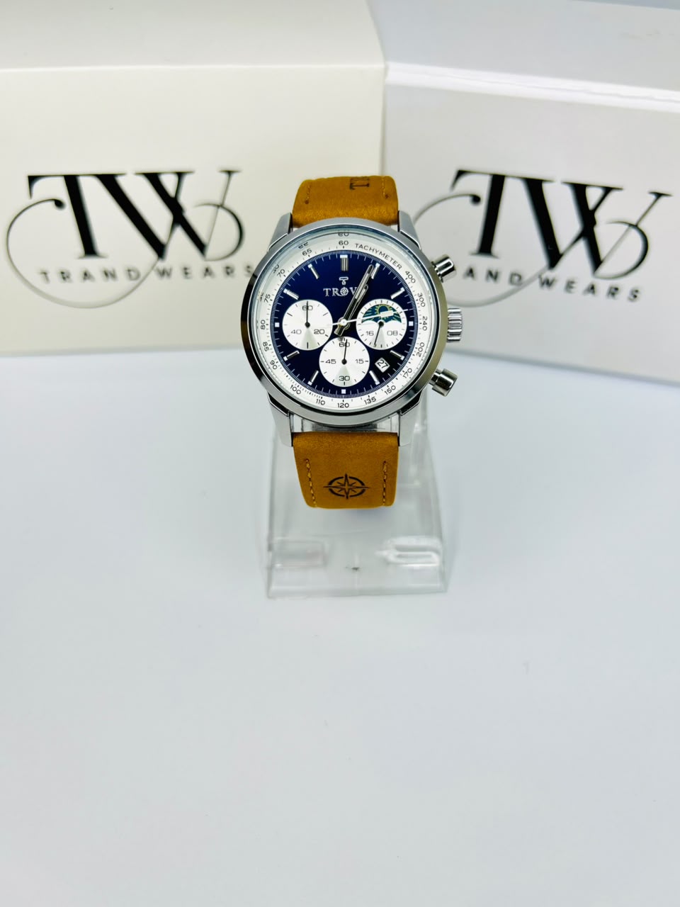 TE Watch Original Brown Leather Strap Blue Dial Moon Phase Chronograph Working & Date Feature – Water Resistant