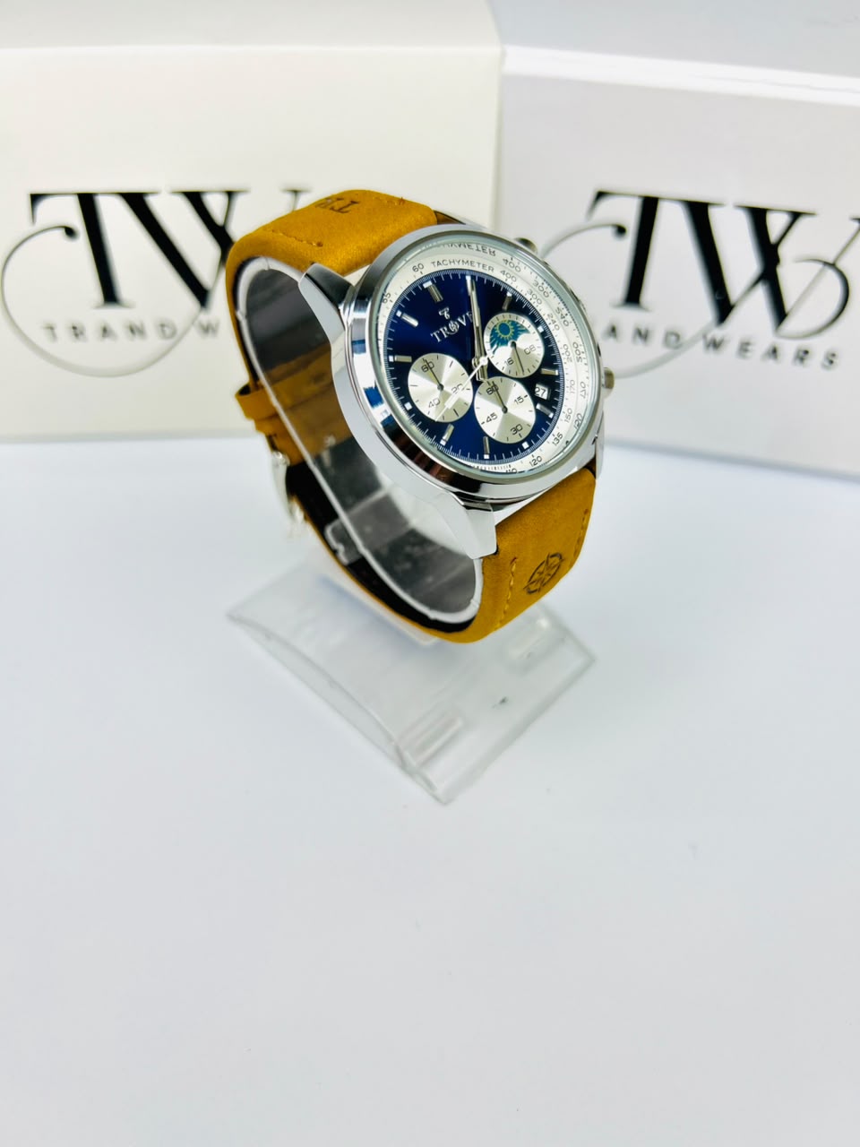 TE Watch Original Brown Leather Strap Blue Dial Moon Phase Chronograph Working & Date Feature – Water Resistant