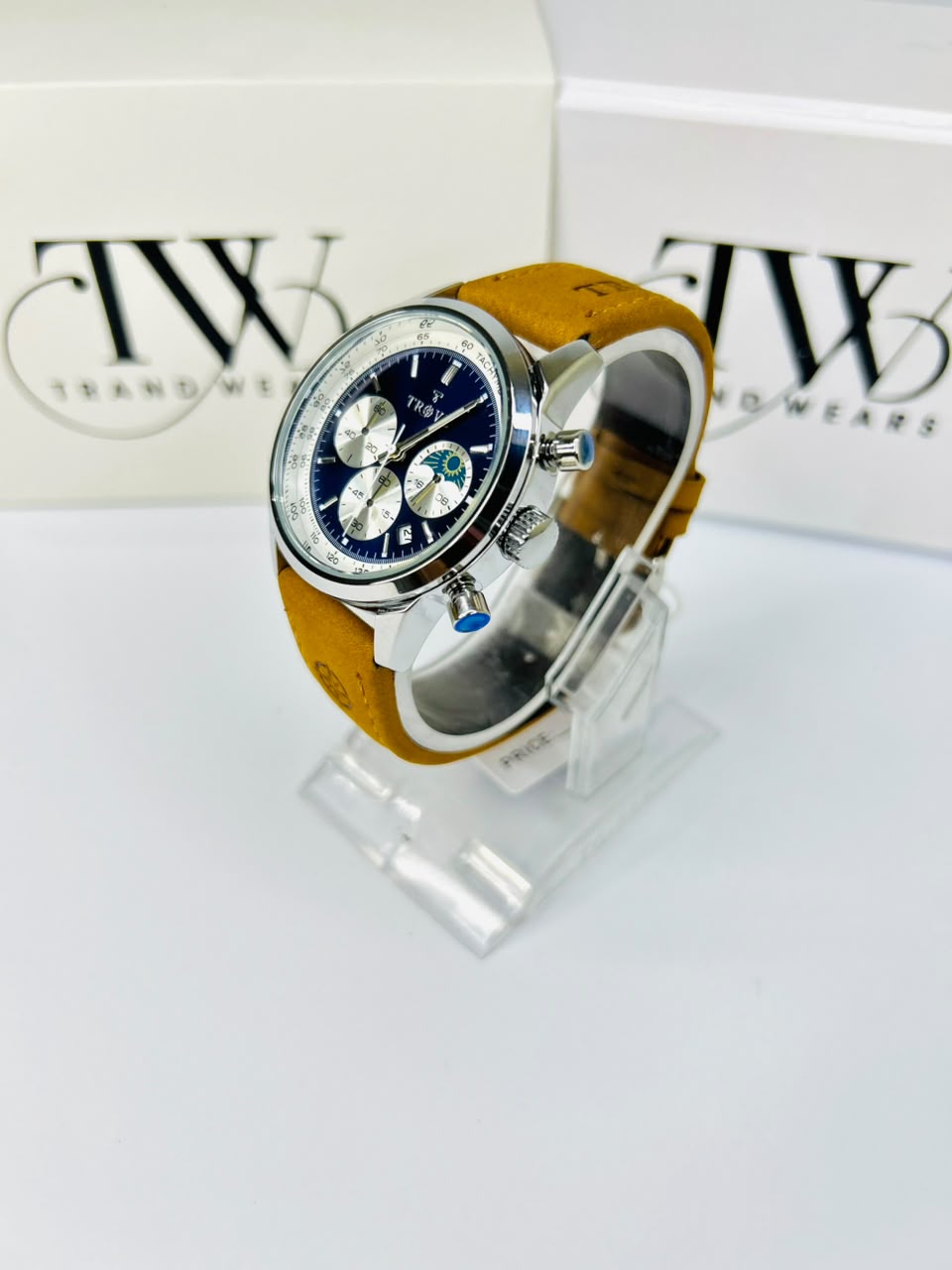 TE Watch Original Brown Leather Strap Blue Dial Moon Phase Chronograph Working & Date Feature – Water Resistant