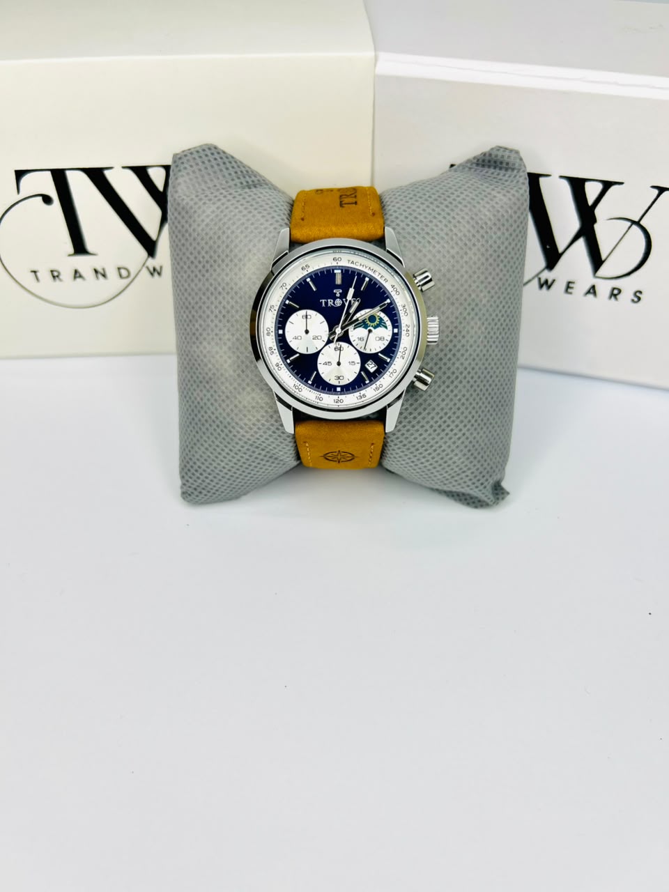 TE Watch Original Brown Leather Strap Blue Dial Moon Phase Chronograph Working & Date Feature – Water Resistant
