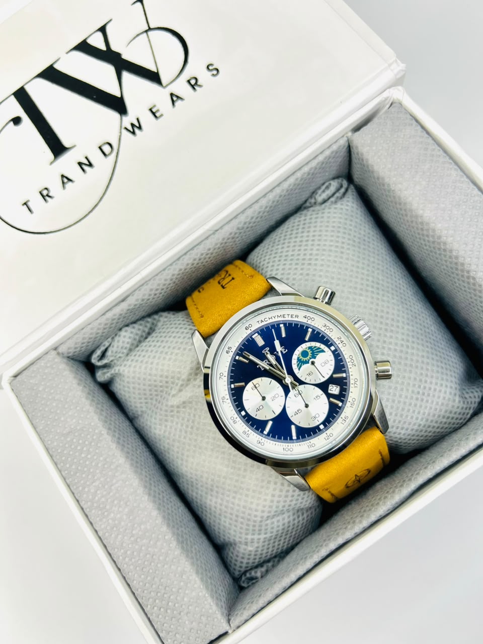 TE Watch Original Brown Leather Strap Blue Dial Moon Phase Chronograph Working & Date Feature – Water Resistant