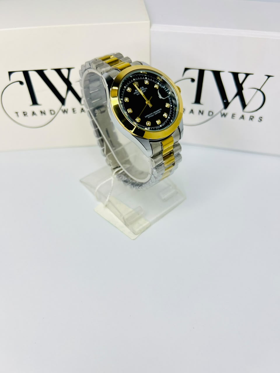 Men's Black Dial 2 Tone Stainless Steel Watch | Premium Plain Dial Analog Wrist Watch | Elegant Fashion Timepiece
