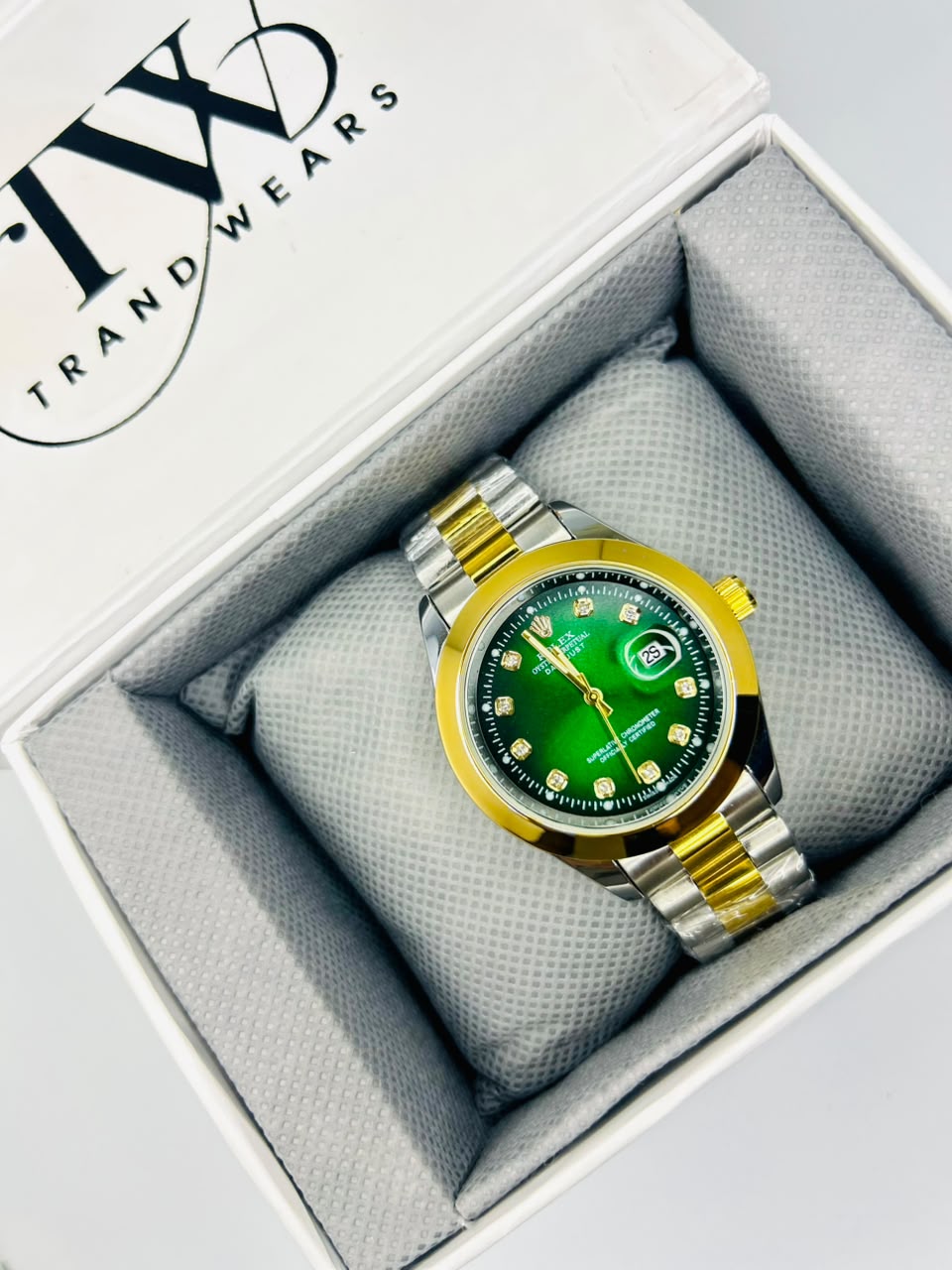 Men's Green Dial 2 Tone Stainless Steel Watch | Premium Plain Dial Analog Wrist Watch | Elegant Fashion Timepiece