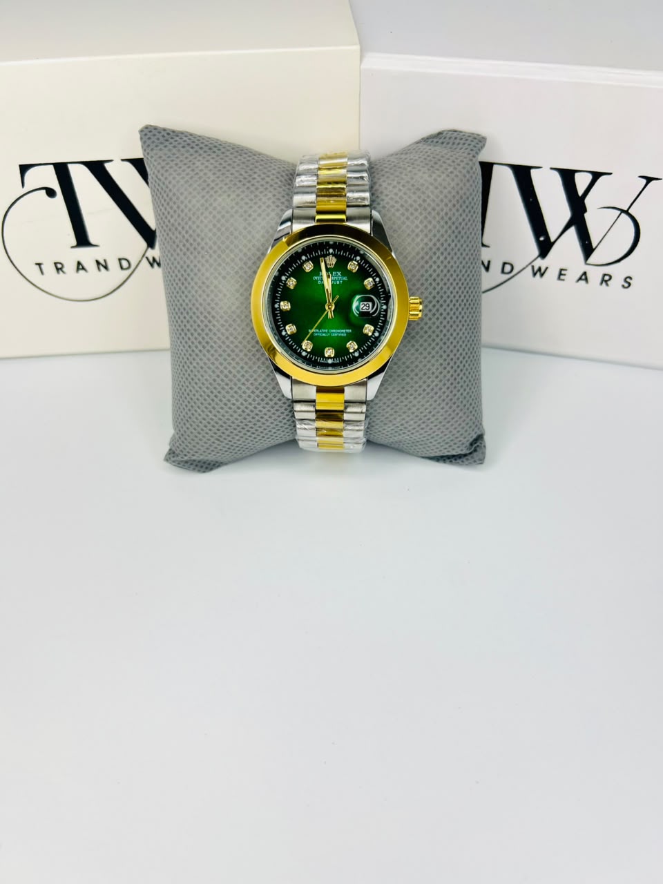 Men's Green Dial 2 Tone Stainless Steel Watch | Premium Plain Dial Analog Wrist Watch | Elegant Fashion Timepiece