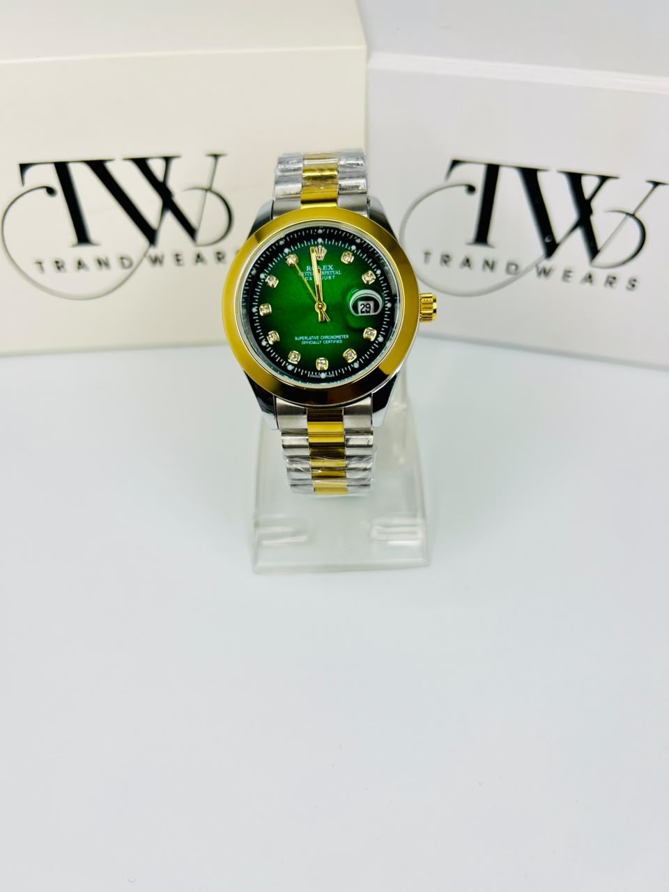 Men's Green Dial 2 Tone Stainless Steel Watch | Premium Plain Dial Analog Wrist Watch | Elegant Fashion Timepiece