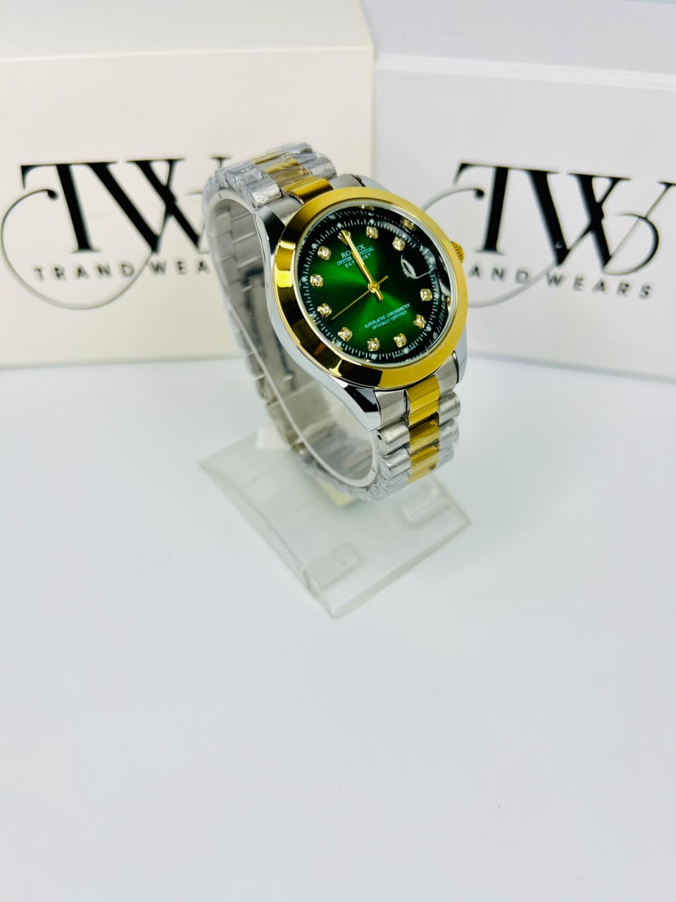 Men's Green Dial 2 Tone Stainless Steel Watch | Premium Plain Dial Analog Wrist Watch | Elegant Fashion Timepiece