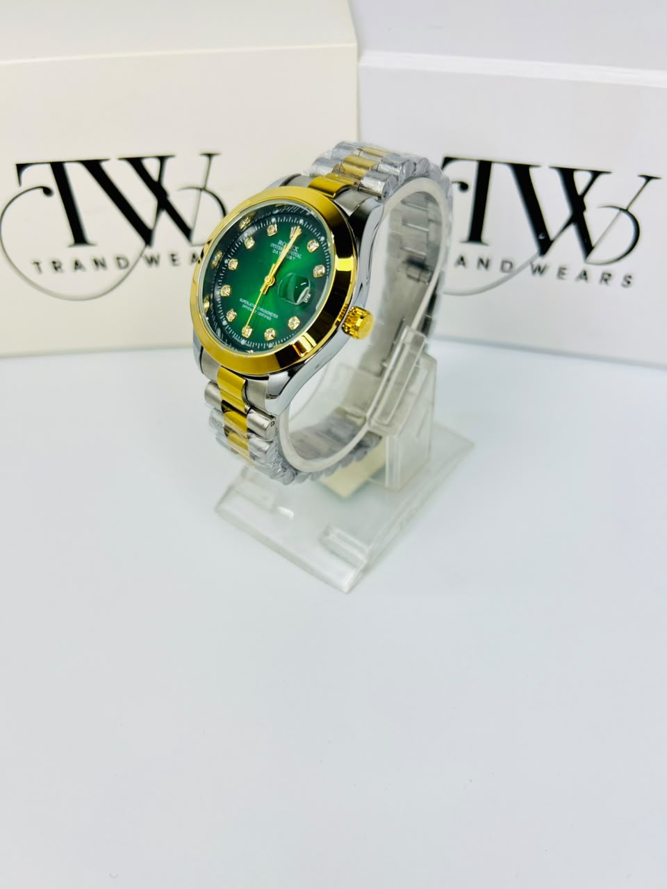 Men's Green Dial 2 Tone Stainless Steel Watch | Premium Plain Dial Analog Wrist Watch | Elegant Fashion Timepiece
