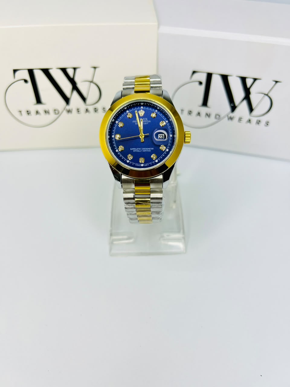 Men's Blue Dial 2 Tone Stainless Steel Watch | Premium Plain Dial Analog Wrist Watch | Classic Fashion Timepiece
