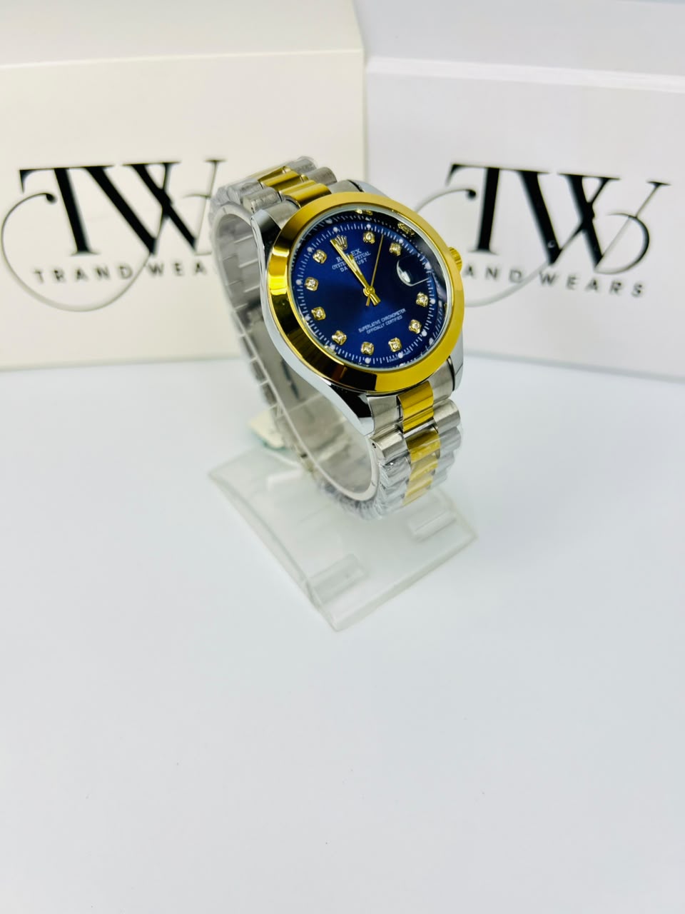 Men's Blue Dial 2 Tone Stainless Steel Watch | Premium Plain Dial Analog Wrist Watch | Classic Fashion Timepiece